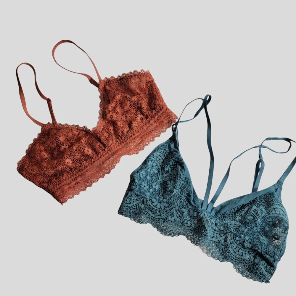 2 PINK Victoria's Secret Bralette Floral Lace Halter Bra Baby Blue Unlined Small